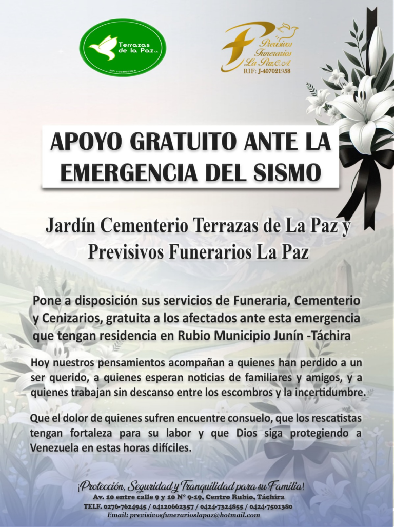Jardín Cementerio Terrazas y Previsivos Funerarios la Paz – En apoyo a víctimas de los terremotos en Venezuela